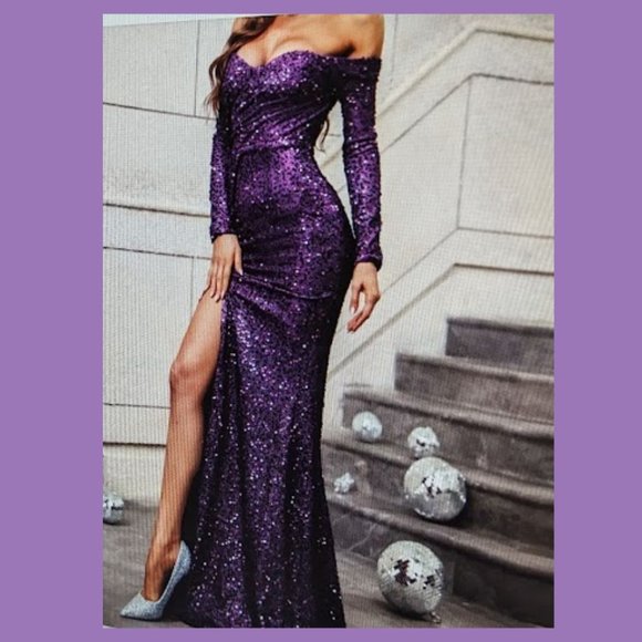 NEW - 💜Purple Sequence Long Sleeve, Off Shoulder  Dress - Picture 3 of 4